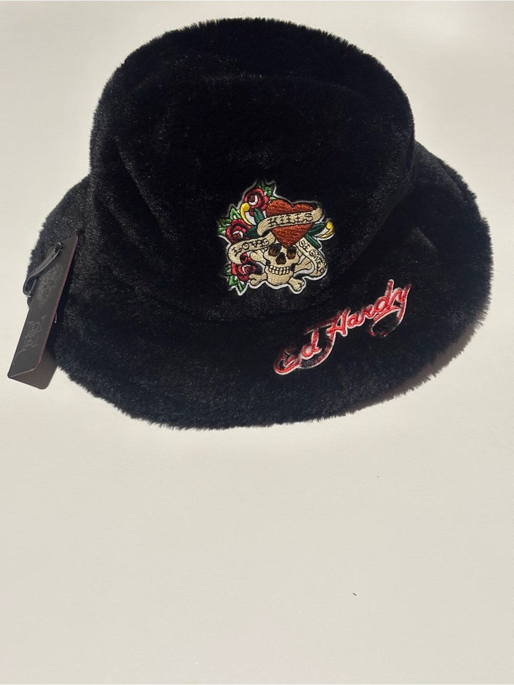 Ed Hardy Black Faux-Fur Bucket Hat with Colorful Skull & Rose Patch